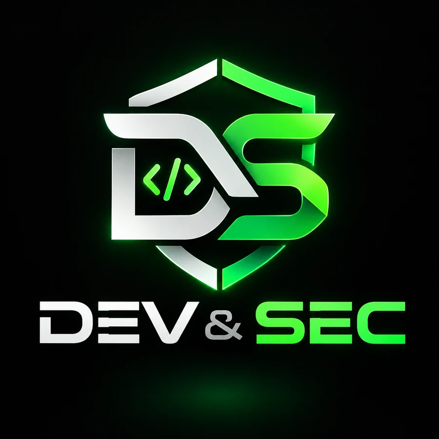 Logotipo Dev & Sec com escudo, código e identidade verde neon